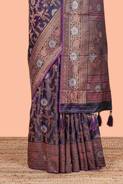 Magenta Banaras Satin Silk Saree All Over Body Woven Jaal Design