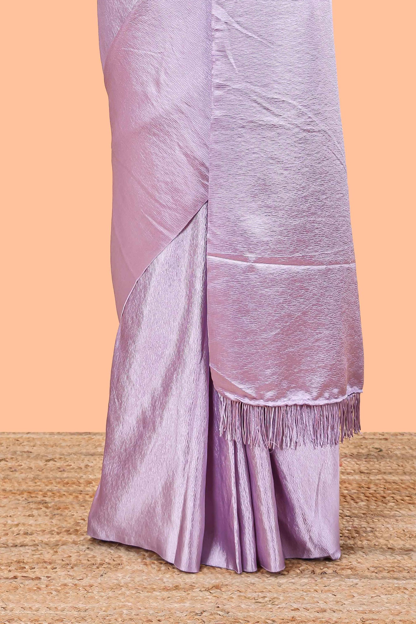 Lavender chiffon georgette crush saree with all-over stone work, stone & beads border, and short stone work pallu with contrast embroidery blouse