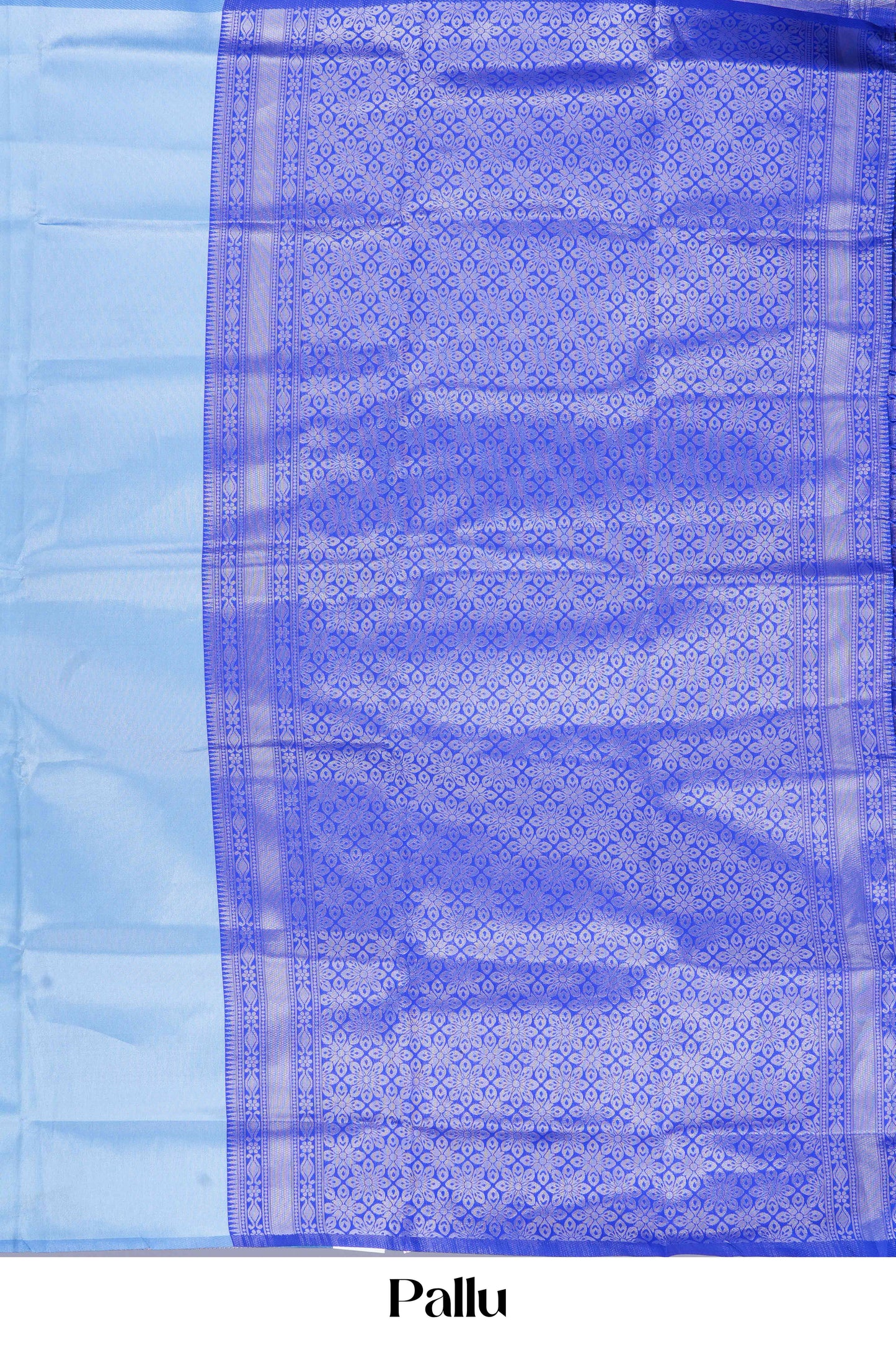 Blue lichi silk saree with a patterned pallu on a light blue background