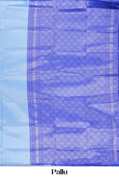 Blue lichi silk saree with a patterned pallu on a light blue background