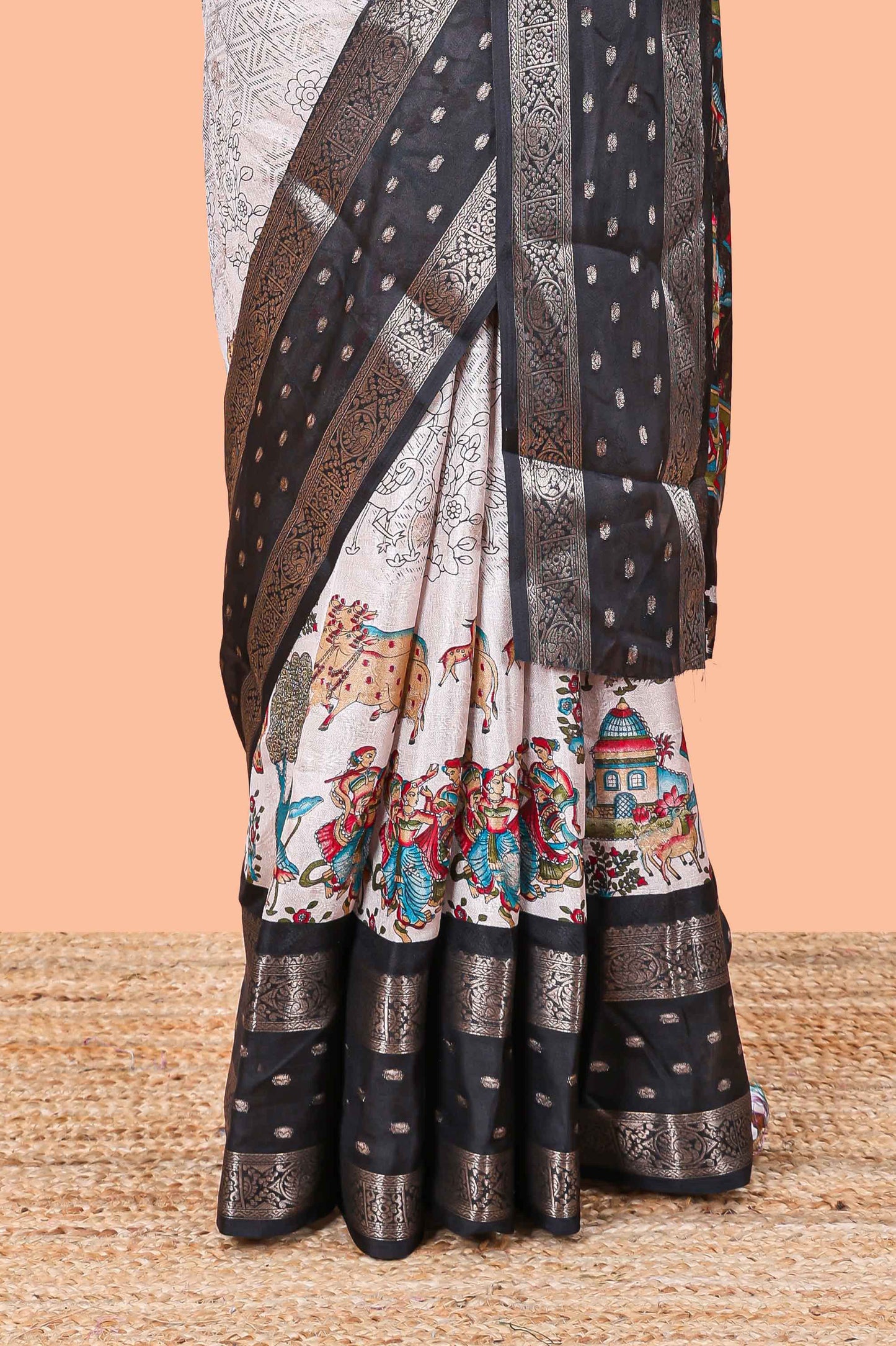 Black Mars Georgette Body Floral Print With Contrast Bentex Border Above Kalamkari Print With Kalamkari Pallu