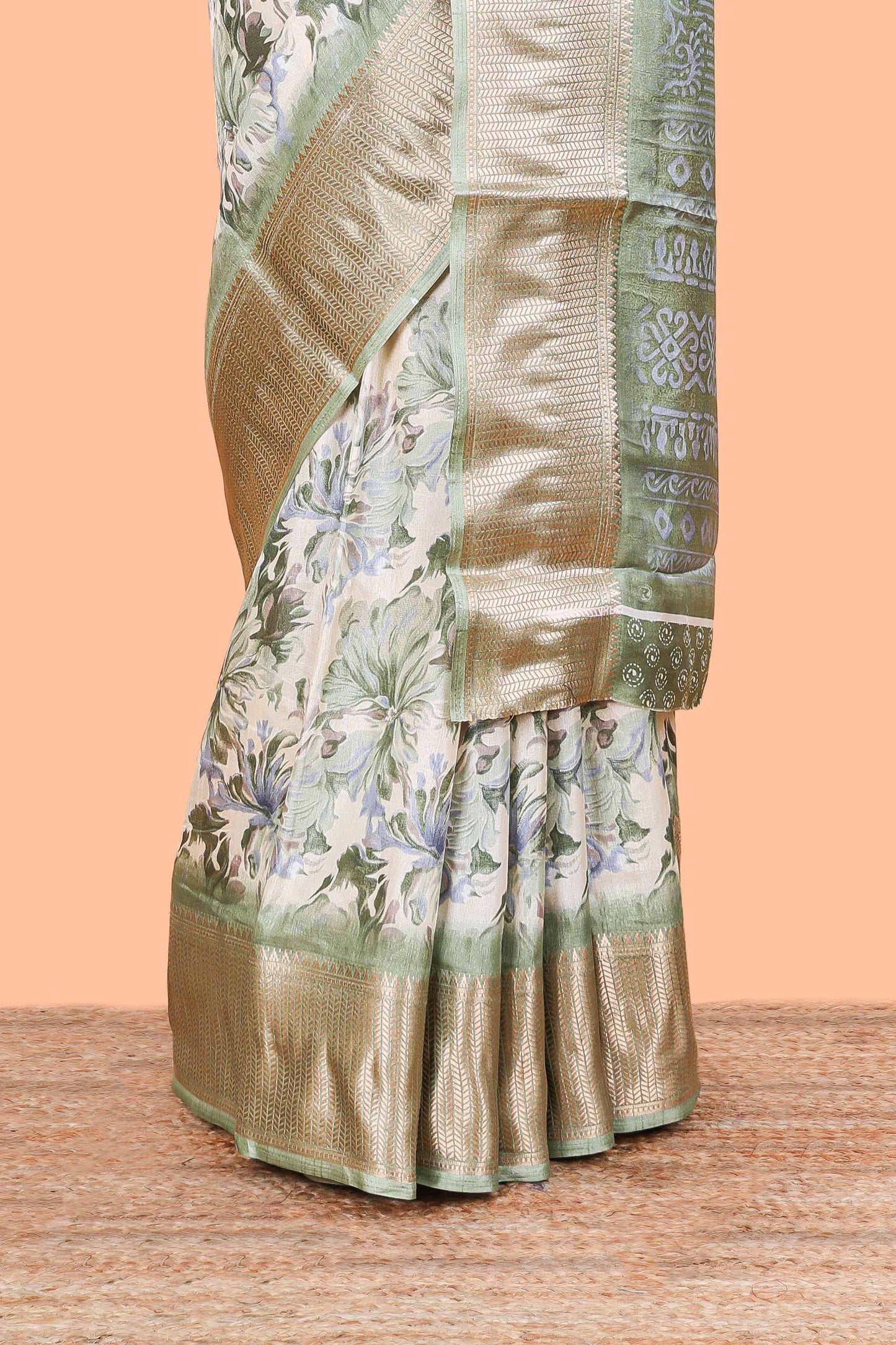 Powder Green  Semi Banaras Dola Silk Floral Printed With Jacquard Border