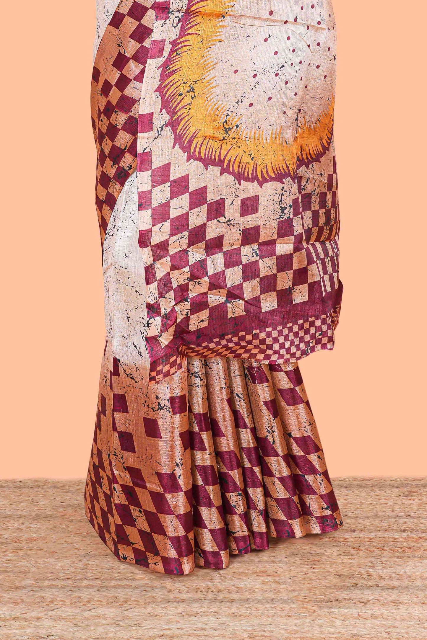 Maroon With Cream south Cotton Body Border And Pallu Geometrical Print Design