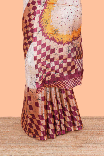 Maroon With Cream south Cotton Body Border And Pallu Geometrical Print Design
