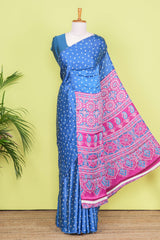 Blue Modal Silk Saree Bandhani Print Across The Body With Ajrakh Design Pallu Along With Contrast Blouse