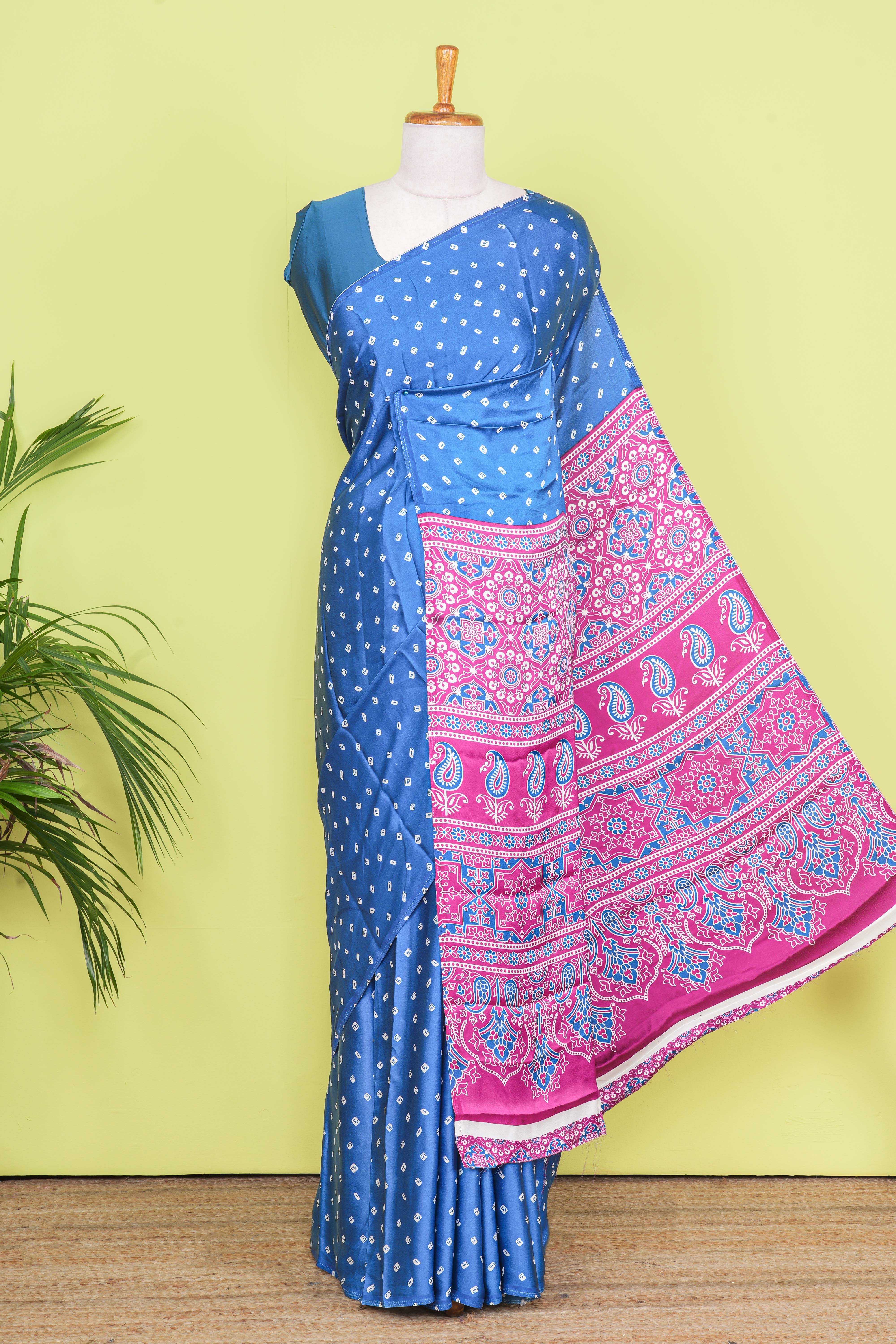 Blue Modal Silk Saree Bandhani Print Across The Body With Ajrakh Design Pallu Along With Contrast Blouse