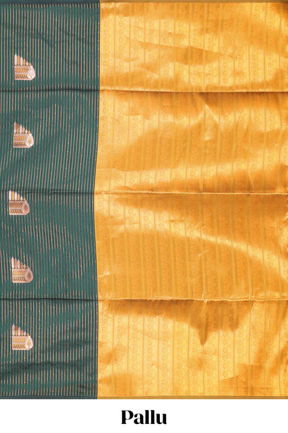 Dark Green Semi Soft Silk Saree Body All Over Vaira Oosi Zari Pattern With Gold Zari Butti and Borderless Grand Zari Rich Pallu