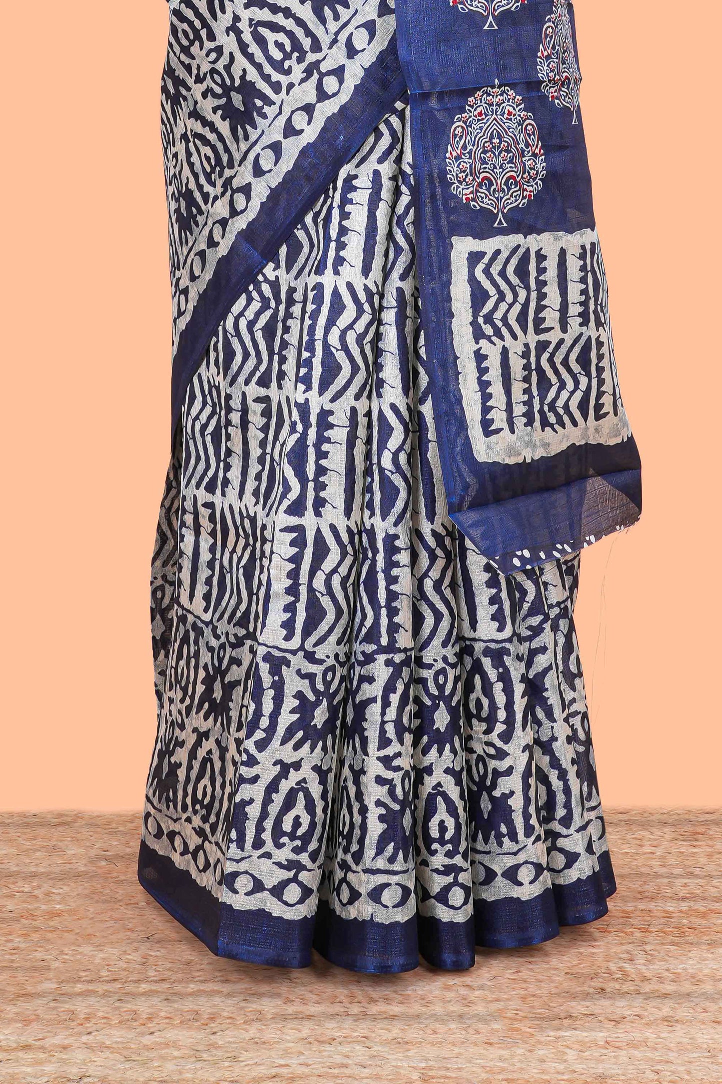 Navy Blue south Cotton Body And Pallu All Over Batick Print Design