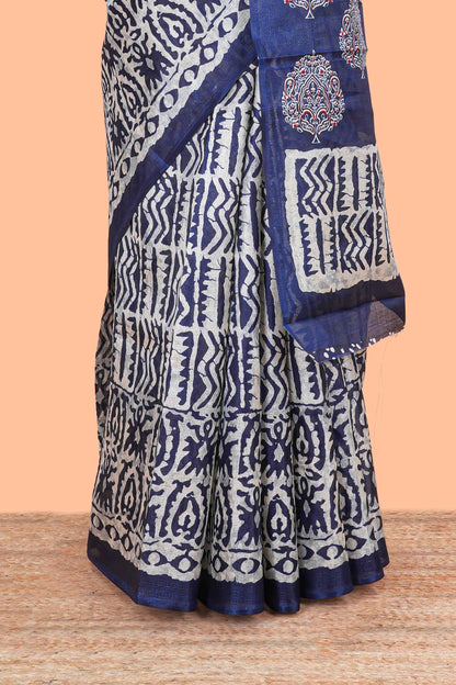 Navy Blue south Cotton Body And Pallu All Over Batick Print Design
