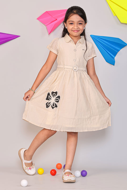 Girls Beige Cotton A-Line Frock - Collared Casual Summer Dress with Belt