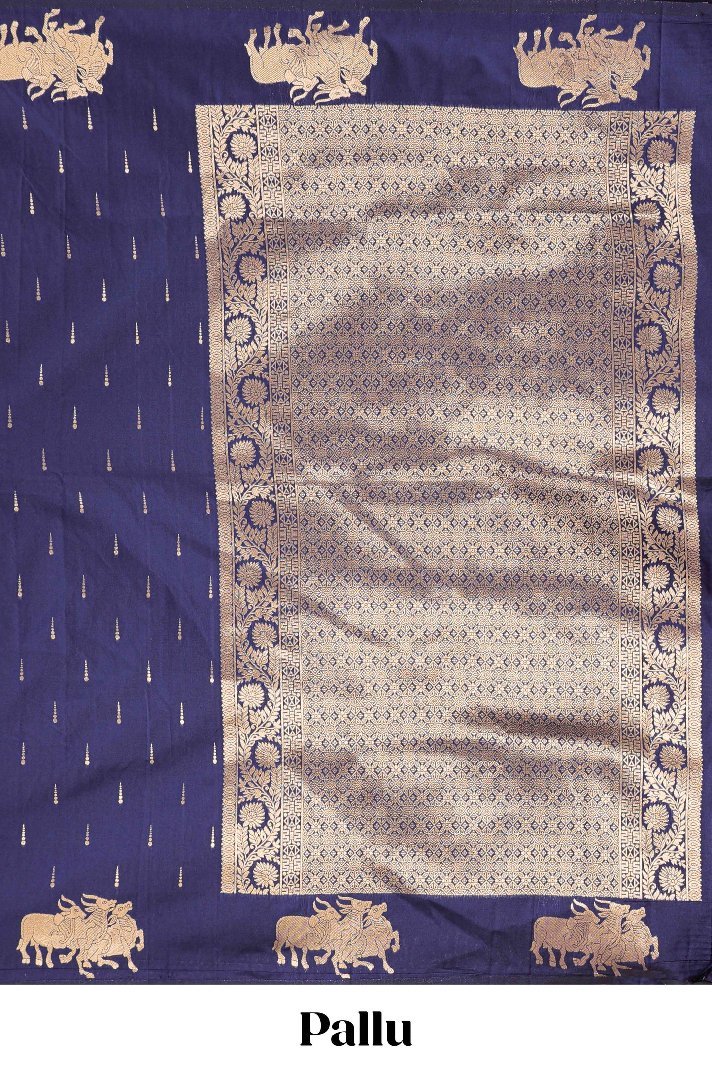 Navy Blue Semi Soft Silk Saree Body Rain Drop Butti and Border Nandhi Motifs and Grand Zari Rich Pallu