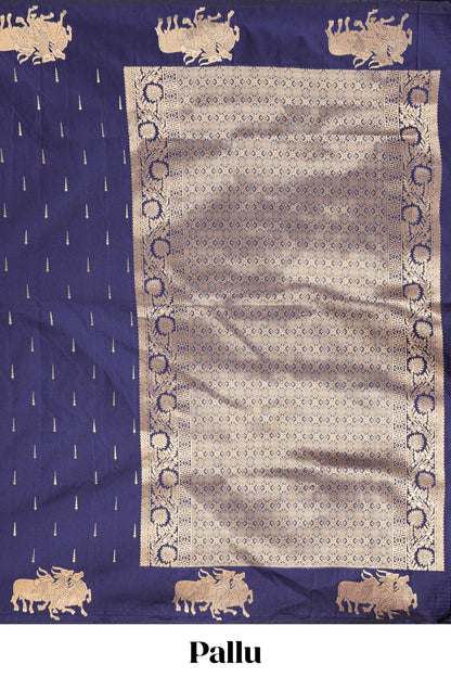 Navy Blue Semi Soft Silk Saree Body Rain Drop Butti and Border Nandhi Motifs and Grand Zari Rich Pallu