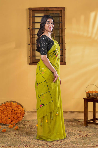 Olive Green Khadi Cotton Saree All-Over Check , Minimal Embroidery