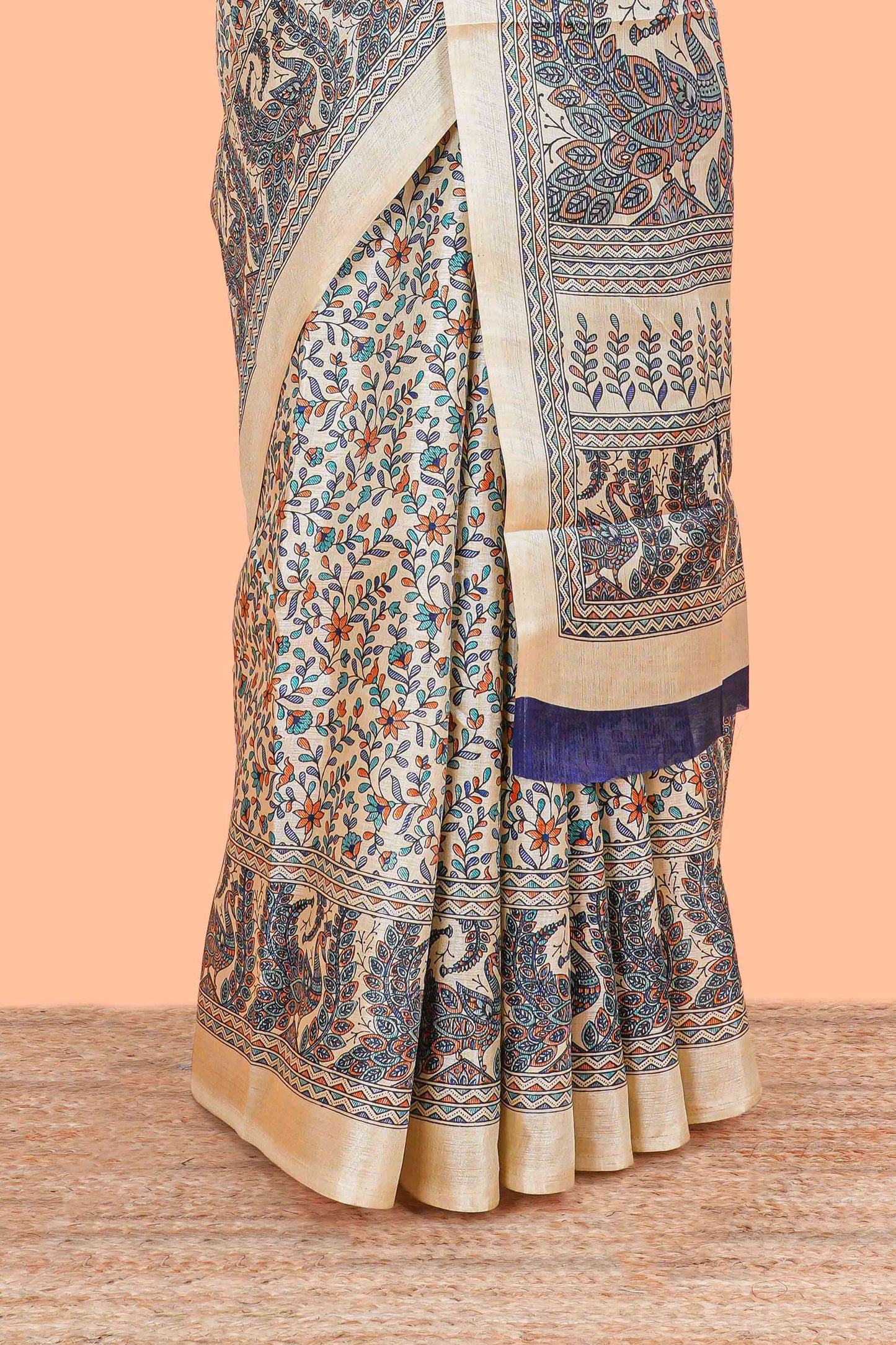 Sandal floral madhupani print south cotton saree with self border and contrast blouse