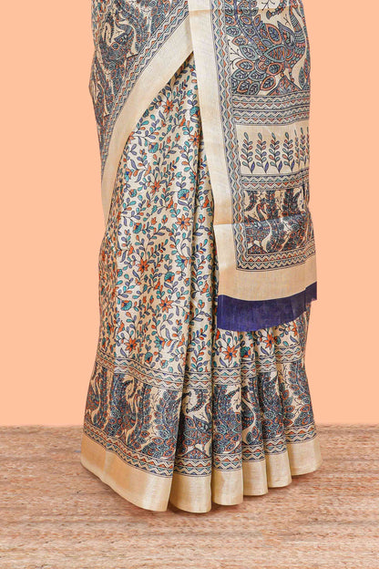 Sandal floral madhupani print south cotton saree with self border and contrast blouse