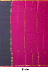 Pure Mysore Silk Saree in Charcoal Black with Contrast Pink-Gold Border and Rich Magenta Pallu