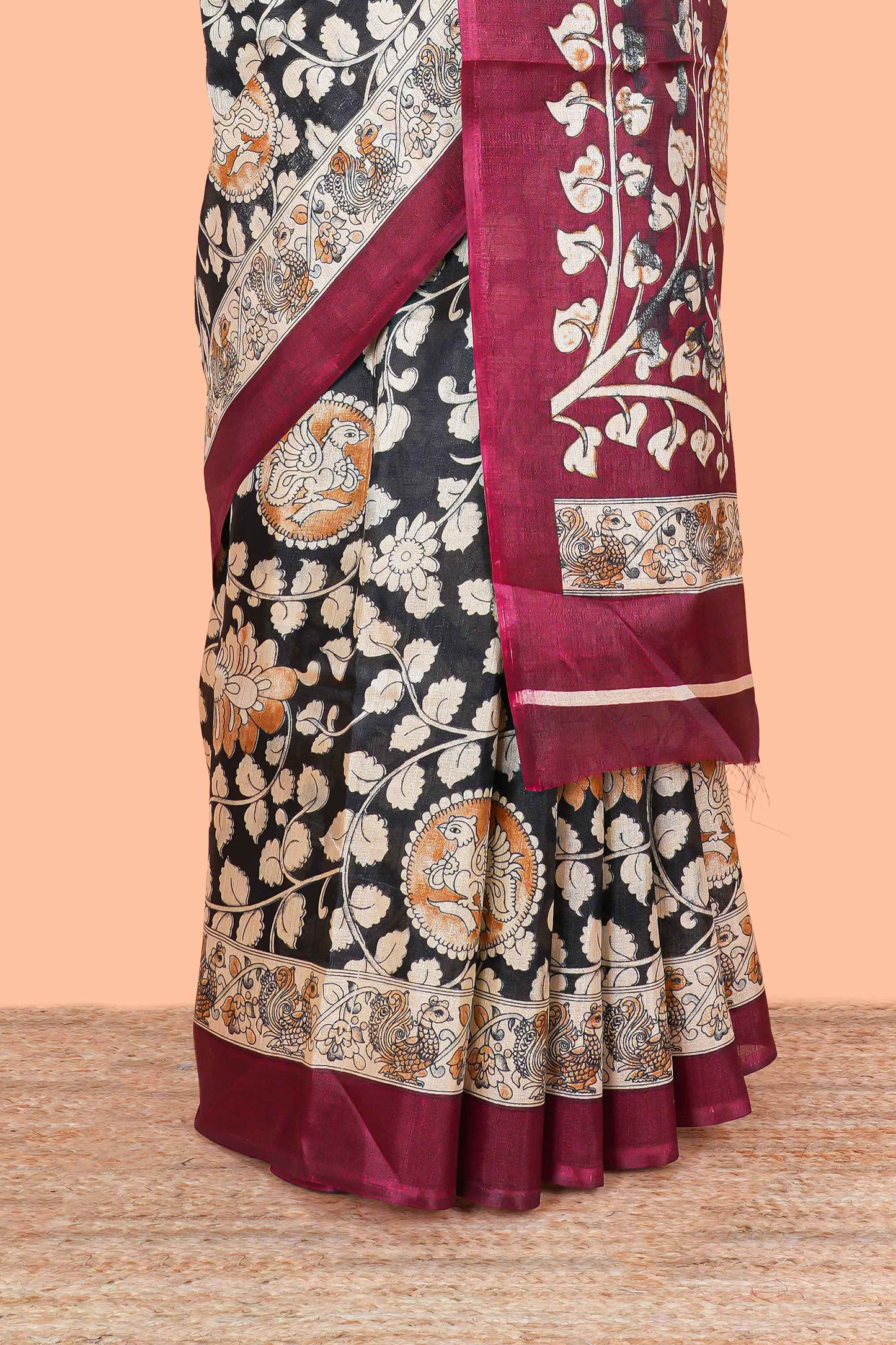 Black floral vine kalamkari style south cotton saree with contrast border and blouse