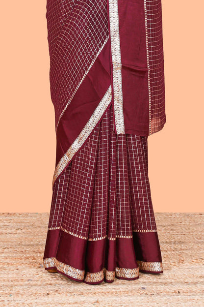 Brown Georgette Saree All Over Zari Check With Satin Border