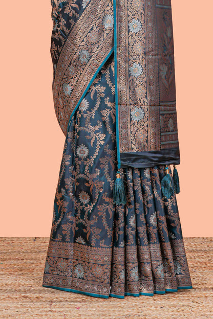 Bluish Green Banaras Satin Silk Saree All Over Body Woven Jaal Design