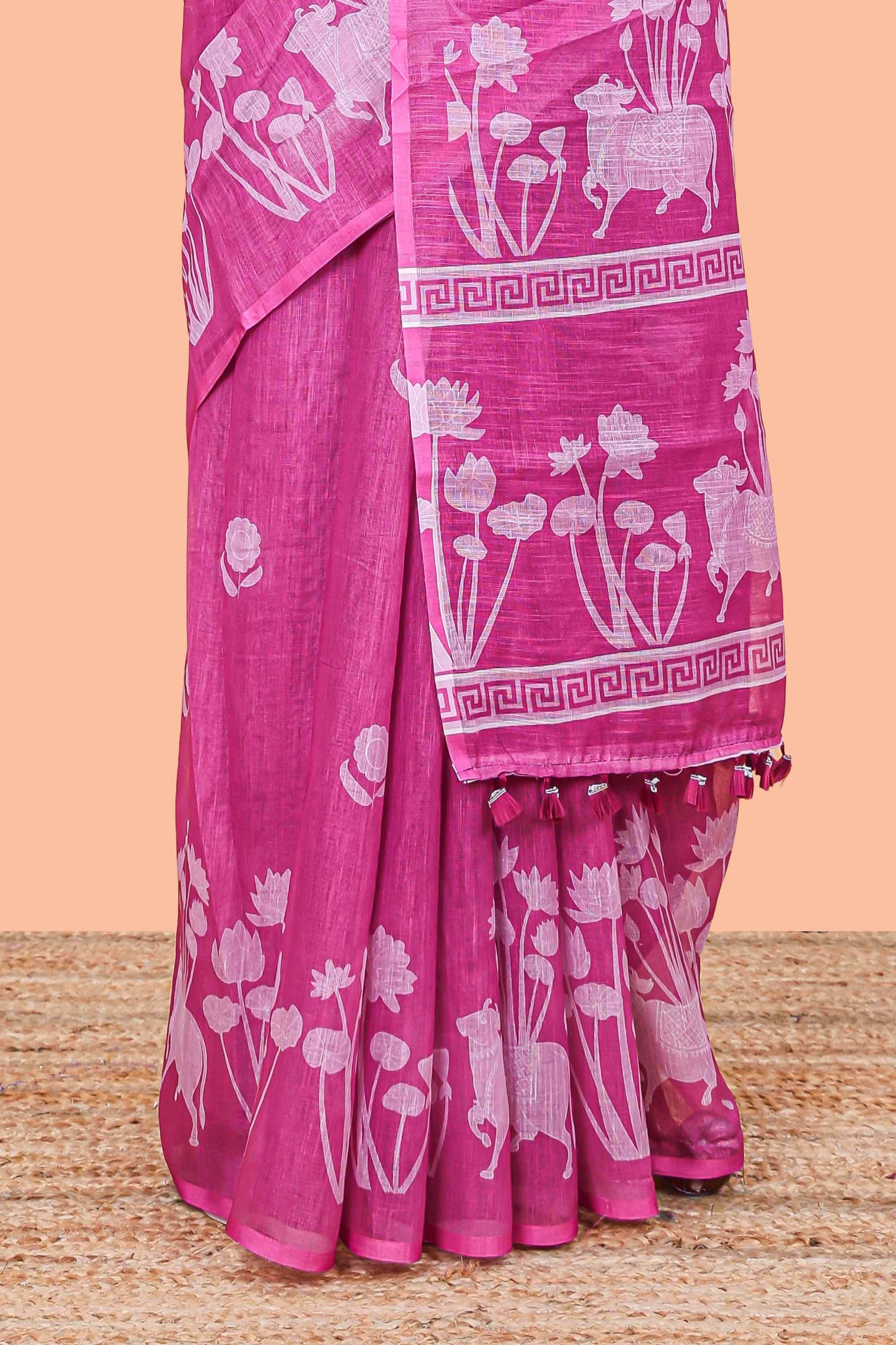 Purple Linen Cotton Body Flower Print With Border Pichwai and Lotus Flower Print and Printed Blouse