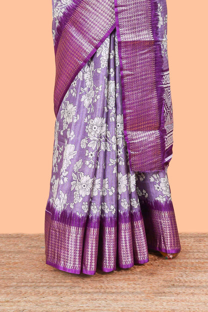 Lavender  Dola Silk Saree  Floral Printed With Jacquard Border