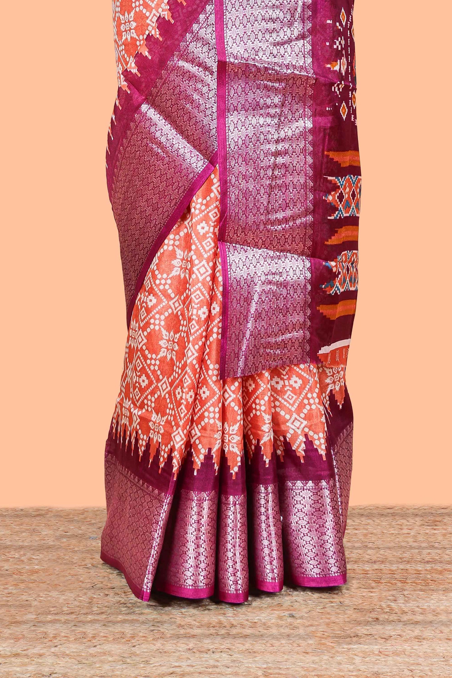 Orange Semi Dola Silk Body Bandhini Style With Jacquard Border