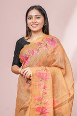 Mustard Yellow Linen Saree Elegant Floral Print With Aari Work Across The Body Scallop Border Along With Contrast Floral Design Blouse