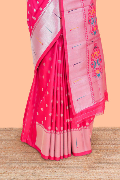 Rani Pink Semi Banarasi Paithani Saree Silver Zari Paisa Motifs Across The Body & Paithani Pallu Along With Blouse