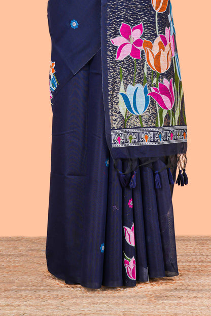 Borderless blue floral motif munga cotton saree with floral printed pallu and matching blouse