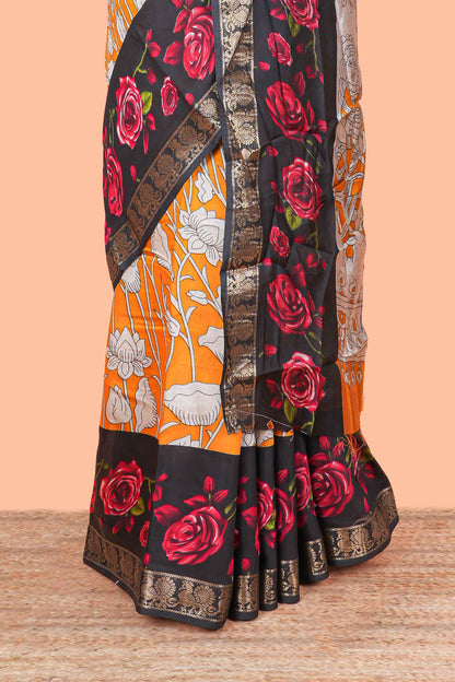 Yellow Chanderi Cotton Body and Pallu Kalamkari Print With Zari Border