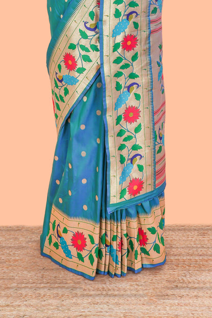 Peacock Blue Art Silk Saree Golden Zari Paisa Motifs Across The Body & Paithani Pallu Along With Blouse