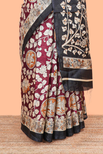 Maroon floral vine kalamkari style south cotton saree with contrast border and blouse