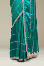 Peacock Green Fendi Satin Saree All -Over Zarkan Diamond Stone Work