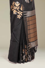 Black Munga Cotton Floral Motifs Weaving Across The Body With Gold Zari Stripes Pallu Along With Butta Design Blouse