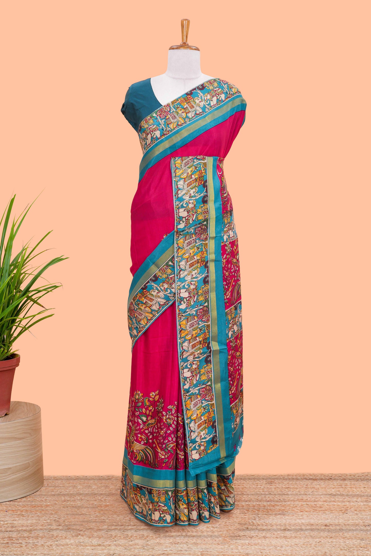 Red kalamkari style poly cotton saree with contrast border and blouse