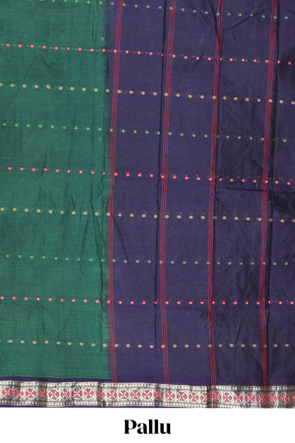 Green small butta bengal cotton saree with contrast zari border and striped pallu