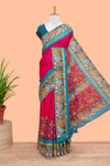 Red kalamkari style poly cotton saree with contrast border and blouse