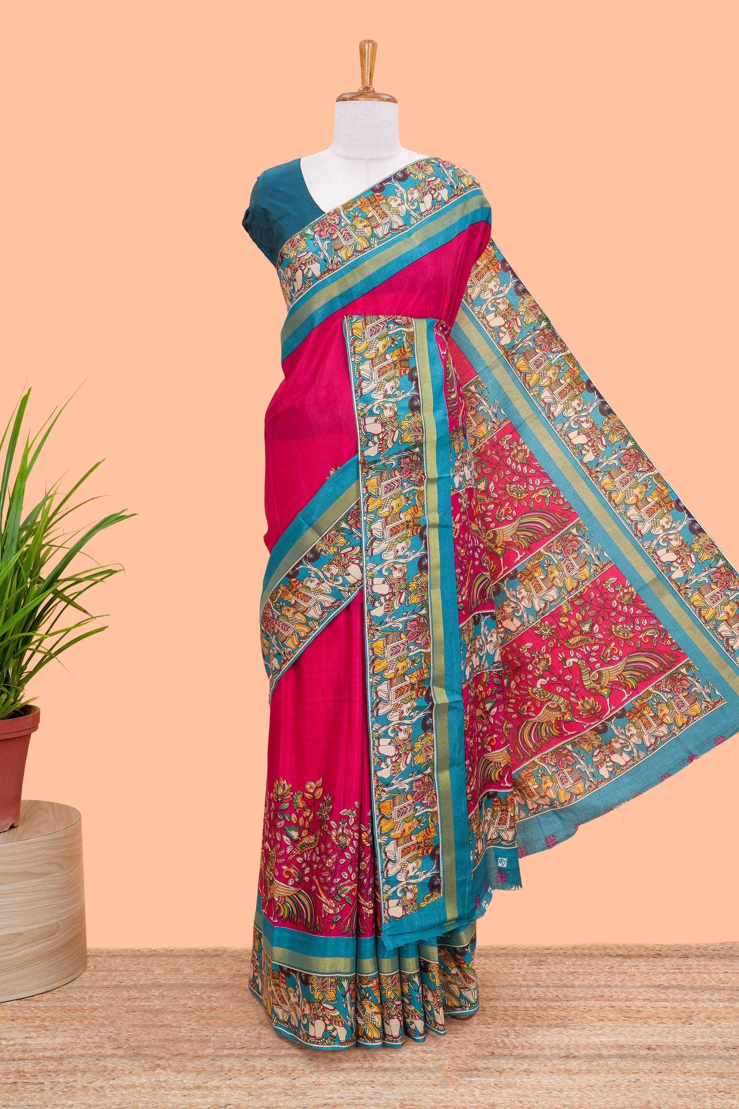 Red kalamkari style poly cotton saree with contrast border and blouse