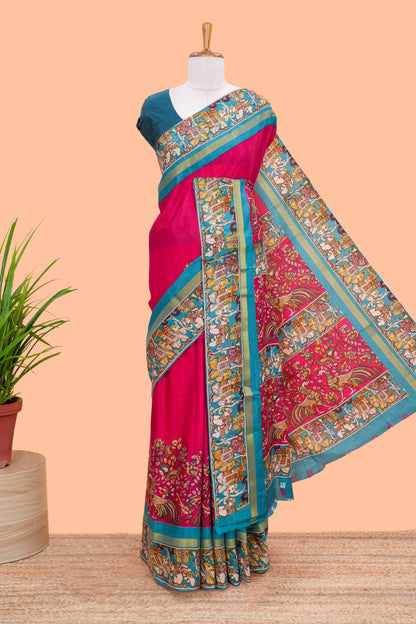Red kalamkari style poly cotton saree with contrast border and blouse