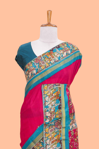 Red kalamkari style poly cotton saree with contrast border and blouse