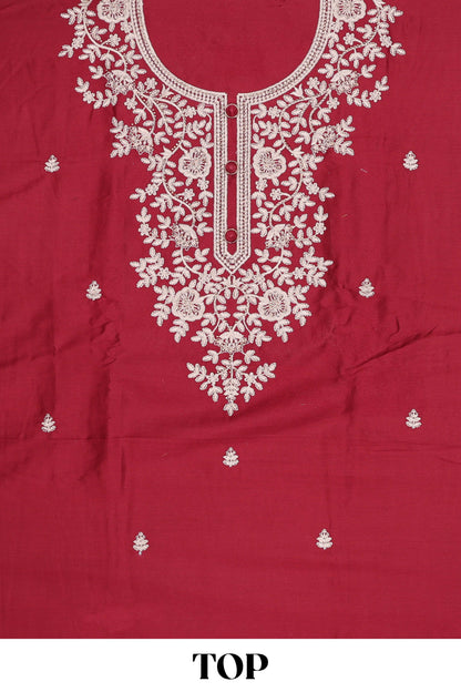 Red embroidered cotton silk chudidhar material with sequin thread work and contrast dupatta
