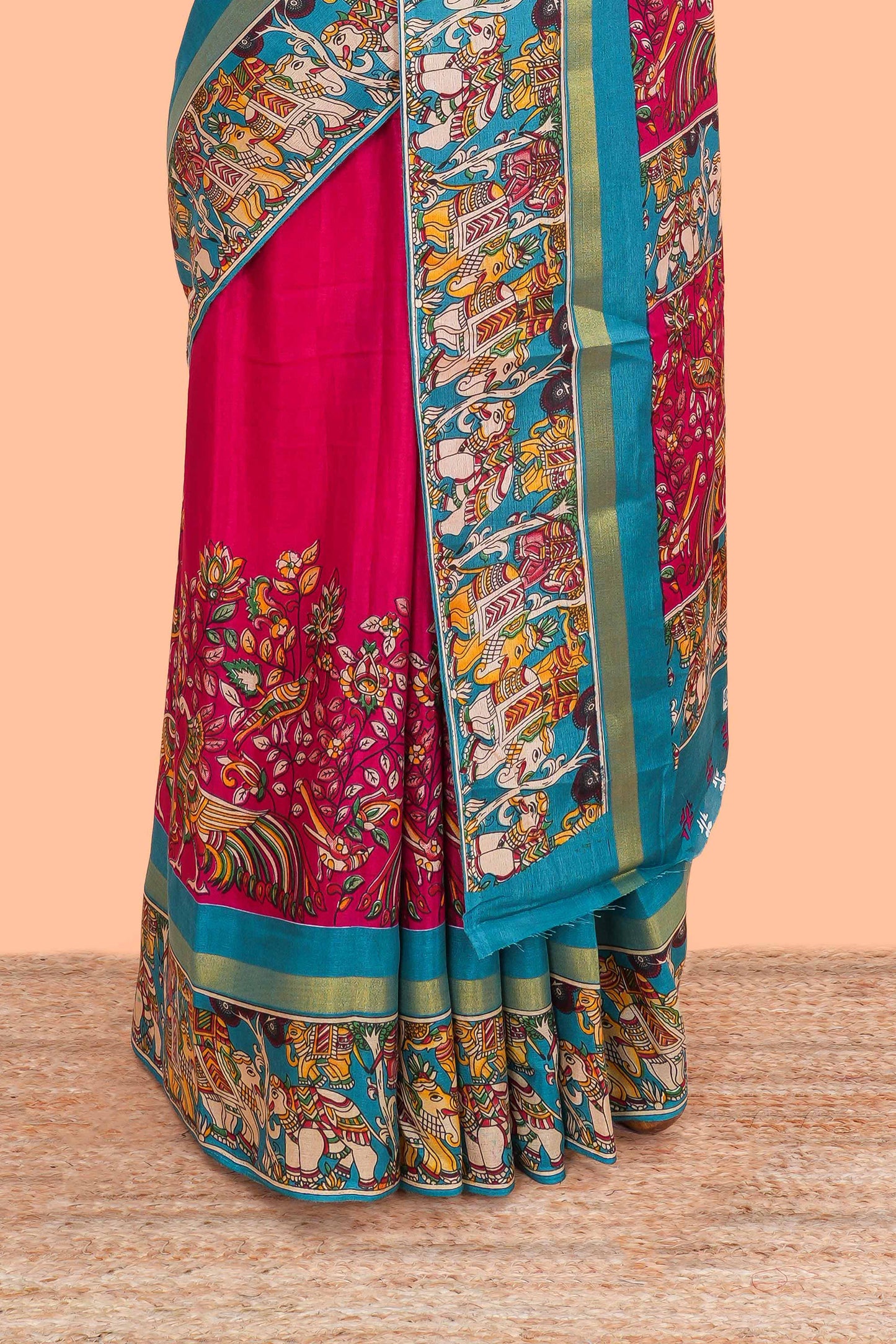 Red kalamkari style poly cotton saree with contrast border and blouse
