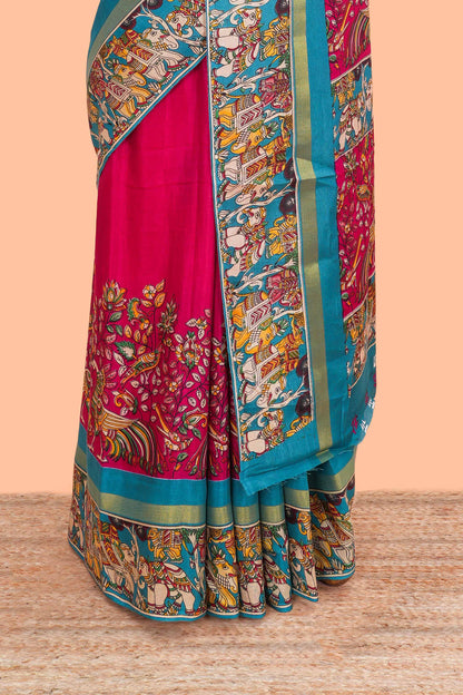 Red kalamkari style poly cotton saree with contrast border and blouse