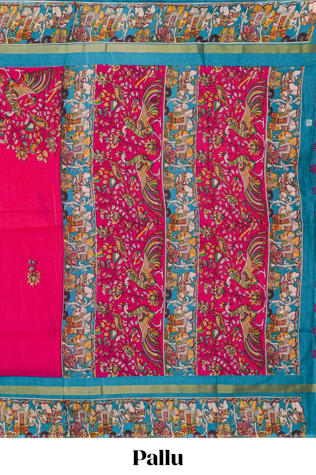 Red kalamkari style poly cotton saree with contrast border and blouse