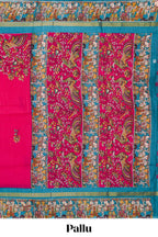 Red kalamkari style poly cotton saree with contrast border and blouse