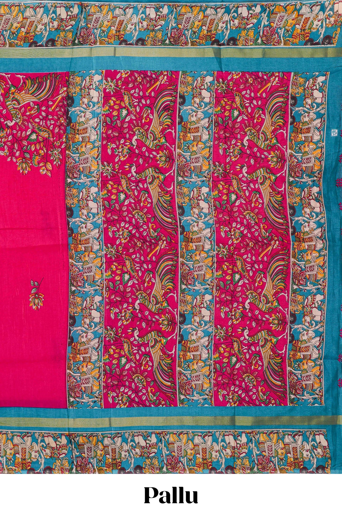 Red kalamkari style poly cotton saree with contrast border and blouse