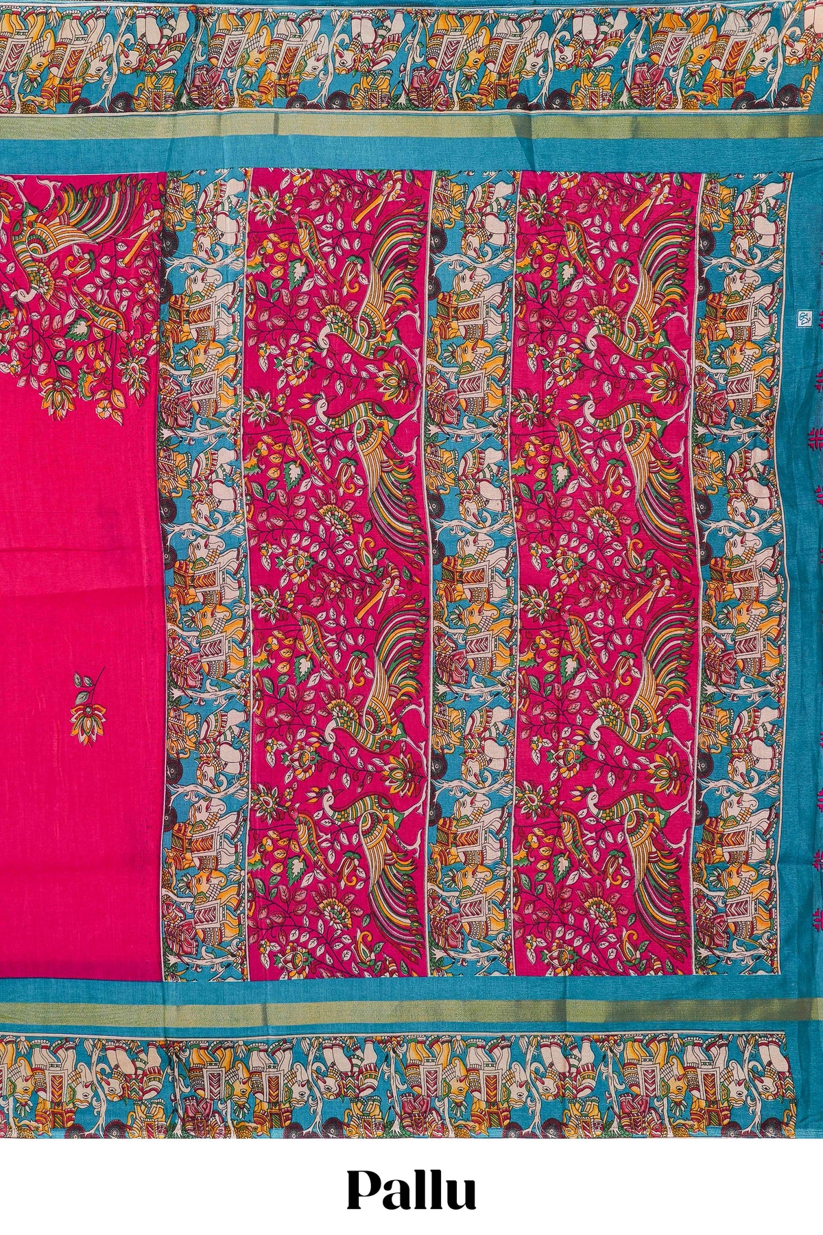 Red kalamkari style poly cotton saree with contrast border and blouse