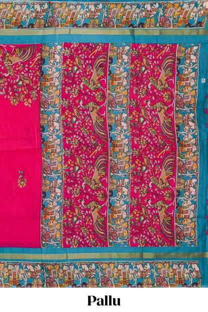 Red kalamkari style poly cotton saree with contrast border and blouse