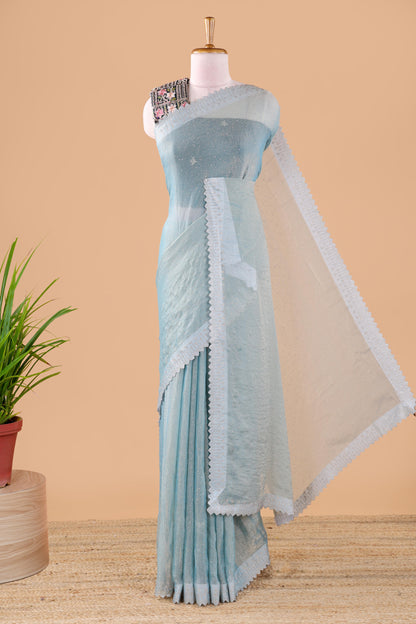 Blue designer georgette space silk saree with heavy stone & beads work, short pallu and contrast sequin embroidered blouse