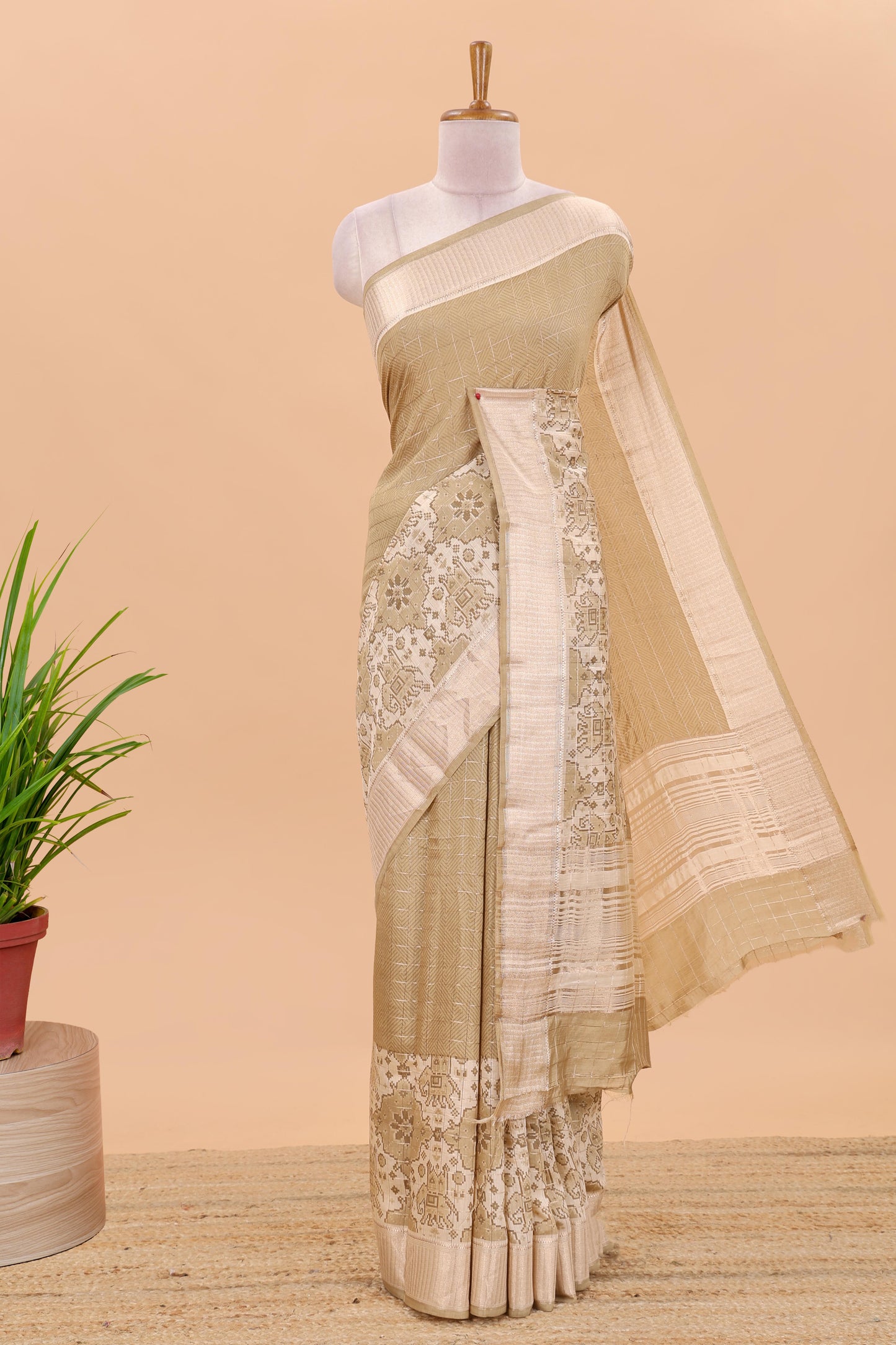 Sandal checked chanderi cotton saree with floral and animal motifs zari border